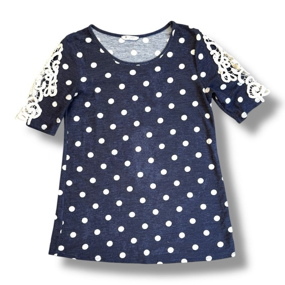 BomBom Polka Dot Lace Sleeve Tunic Top Blue White Made in USA Sz M
